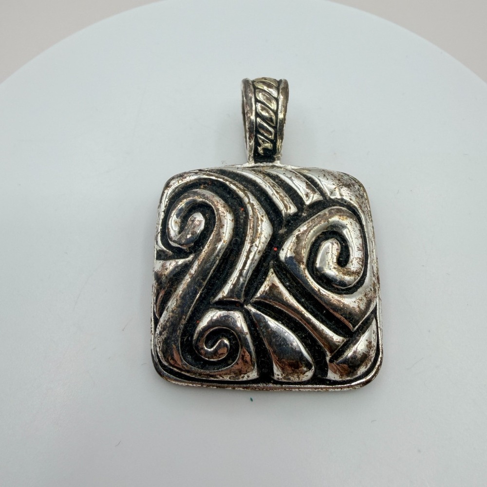 Vintage Silver Tone Scroll Square Pendant Geometric Tribal Boho